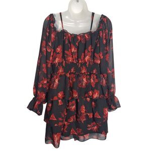 Faded Rose Floral Mini Dress Tiered Off Shoulder Long Sleeve 1X Womens
